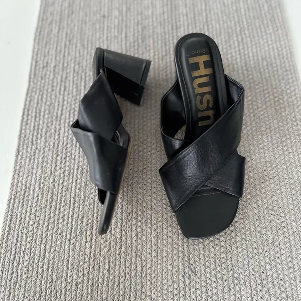 Hush Puppies Ella Black Leather Sculptural High Heel Slides Sandals Sz 9 41 - Image 2
