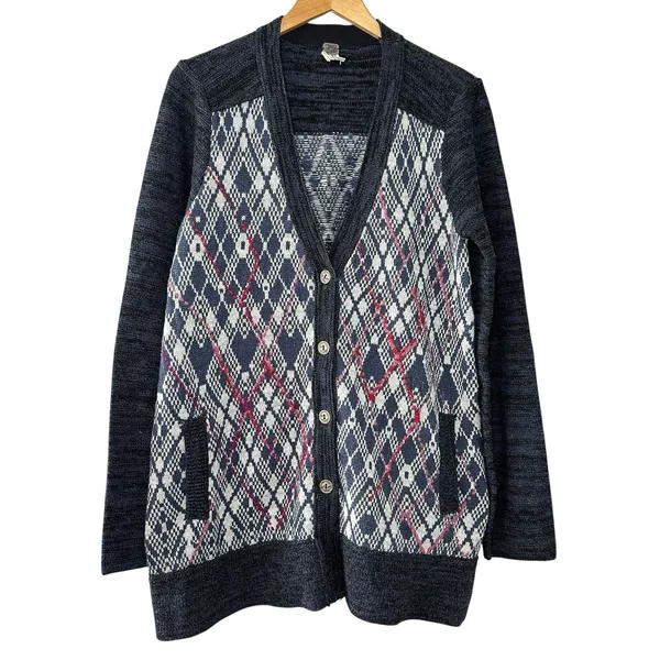 Free People Foxtrot Argyle Knit Cardigan Sweater Women's L Wool Blend‎ Preppy - Image 2