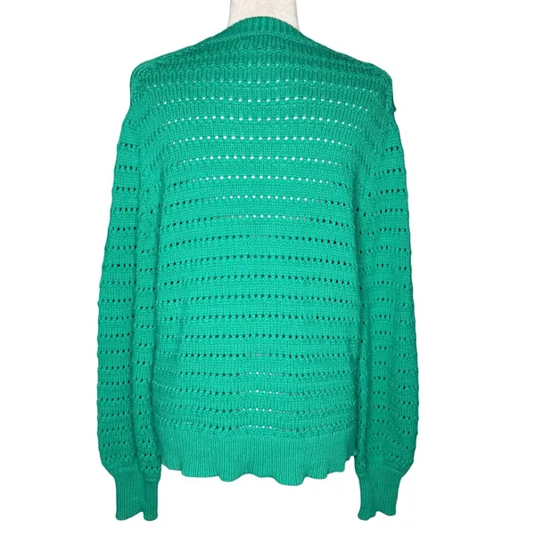 J.Crew Teal Open Knit Cotton Blend Sweater Large Pullover Crewneck Green - Image 4