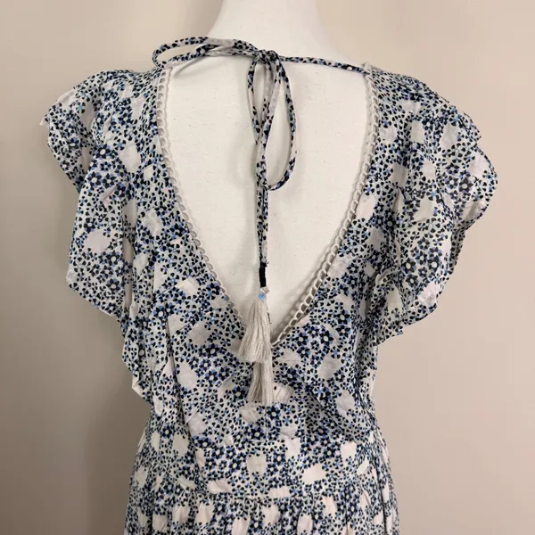 Anthropologie V-neck Plunge Tunic Mini Dress Blue Floral Crochet Tassel Large‎ - Image 7