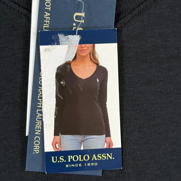 US Polo Assn Womens Black V-Neck Long‎ Sleeve Cotton T-Shirt Logo Large Capsule - Image 5