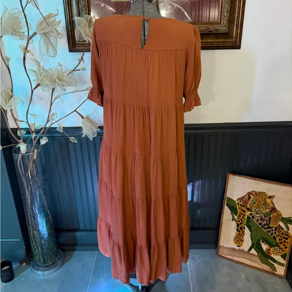 Bohme Bohemian Danae Tiered Camel Brown Midi Dress Sz Small 🍄 - Image 5