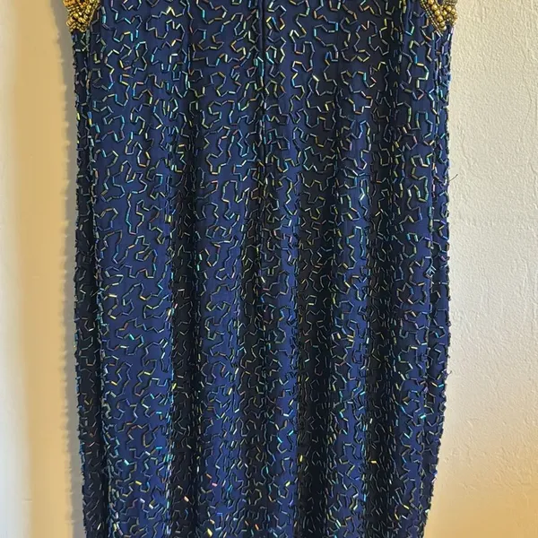 Vtg Laurence Kazar Halter Beaded embellished silk formal gown dress blue gold‎ L - Image 9