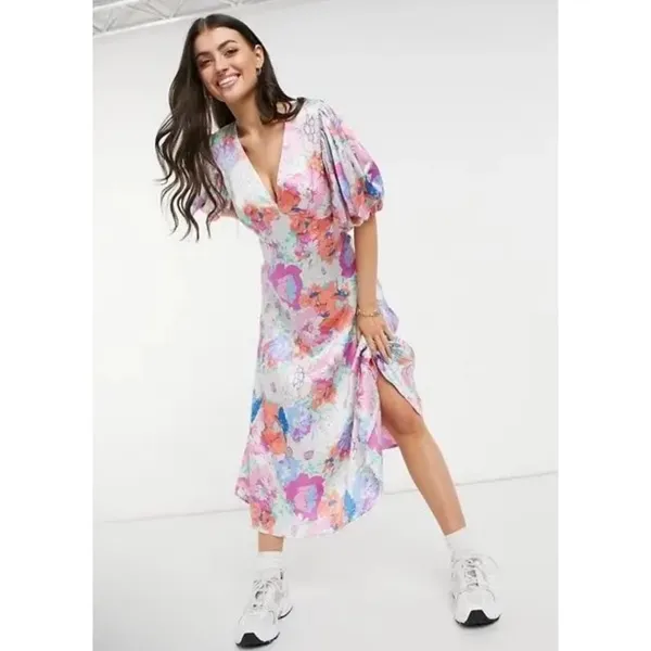 ASOS Satin Floral Midi Dress Cottagecore Princesscore Puff Sleeve Pastel 4 - Image 2