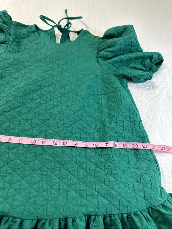 Anthropologie Maeve Green Drop Waist Jacquard Quilted Puff Sleeve Mini Dress Oversize Size M - Image 6