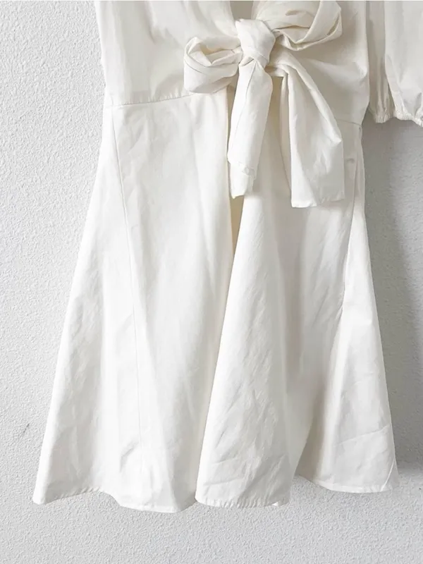 Choosy White Puff Sleeve Tie Front Cottagecore BohoSummer Vacation Mini Dress - Image 5
