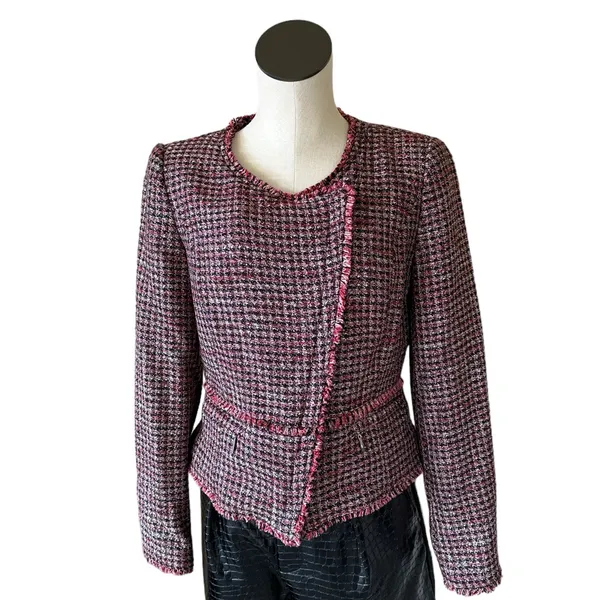 NWOT White House Black Market Red Black Tweed Fringe Moto Style Blazer - Image 8
