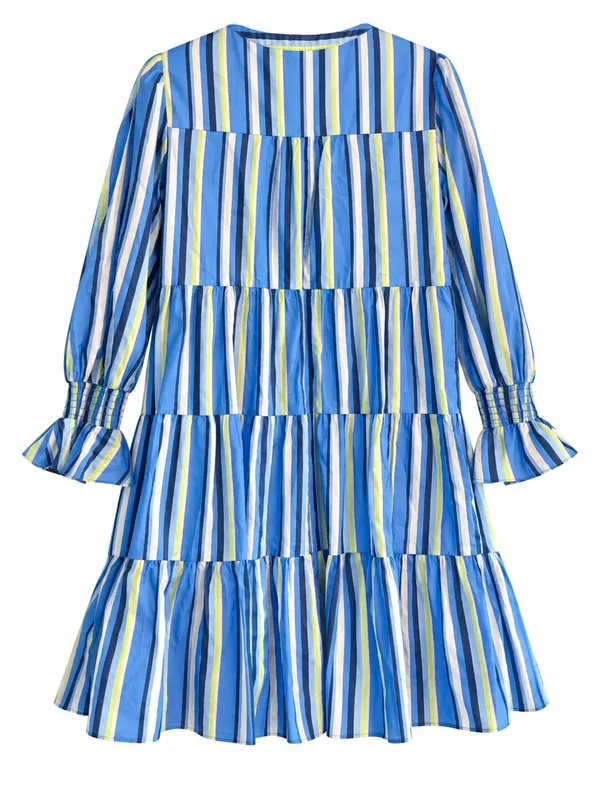 Eliza J Tiered Three Quarter Sleeve Dress Womens 8 Blue Excellent Striped V-Neck - Image 3