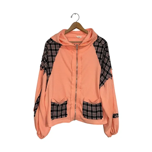 POL Womens Peach Waffle Knit Plaid Flannel Trim Zip Up Hoodie MFT584 Orange M - Image 2