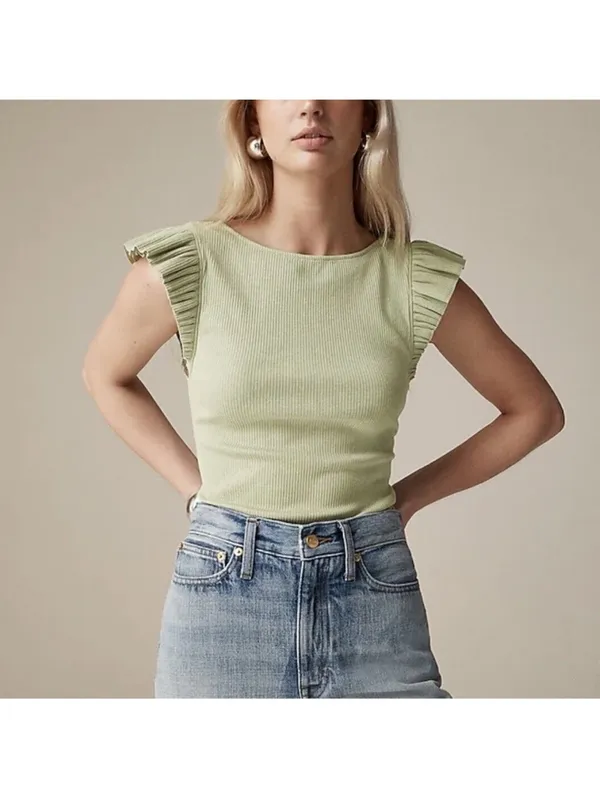 J.Crew Vintage Rib Ruffle Boatneck Tank Top Pale Surplus Green Size‎ Small - Image 3