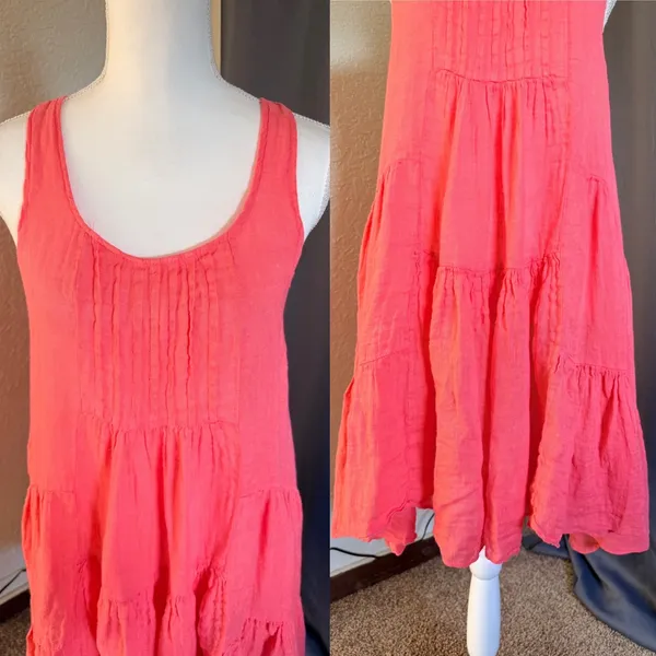 Tempo Paris Lagenlook Dress Womens XL Pink Linen Tiered Sleeveless Made Italy - Image 10