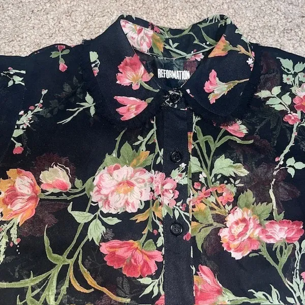 Reformation Mckendrie Floral Sheer Collar Short Sleeve Mini Shirt‎ Dress Black 2 - Image 5