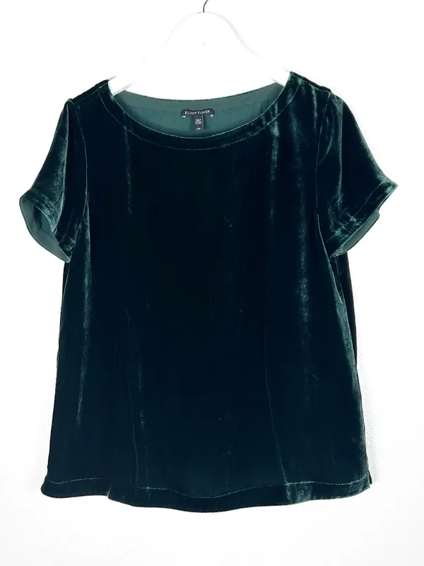 Eileen Fisher silk blend velvet green short sleeve oversized top size S small - Image 2