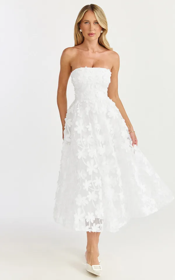 New Showpo RHEIVA Strapless 3D Embroidery Midi White Dress Size Large MSRP $149 - Image 2