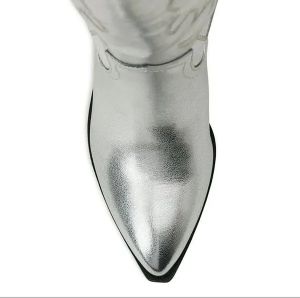 Madden Girl Madden NYC by Steve Madden Metallic Silver Etched Mid Calf Western Boots - Image 4