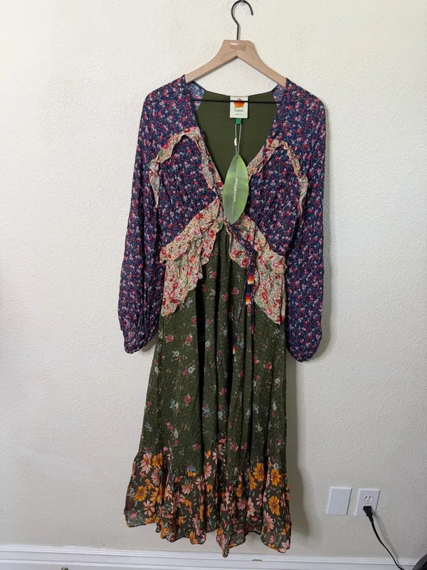 NWT Farm Rio Mixed Liberty Ruffle Silk‎ Midi Dress Beaded Womens Size L - Image 4