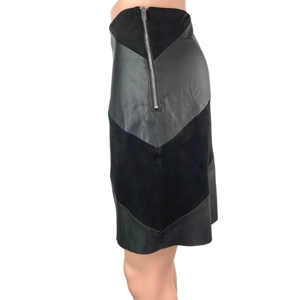 Zara Black Faux Leather Suede Chevron Pattern Side Zipper A-Line Mini Skirt Sz S - Image 2