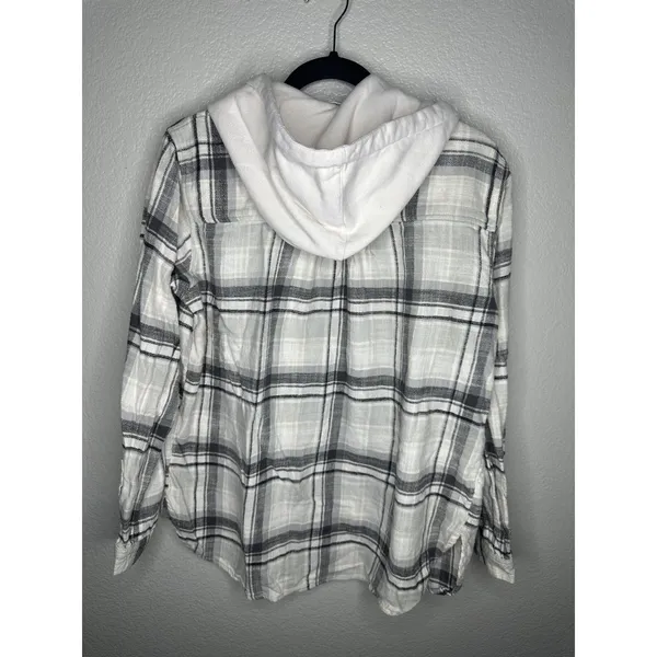 American Eagle Shirt Womens Small White Gray Plaid Hooded Button Front Flannel - Image 6
