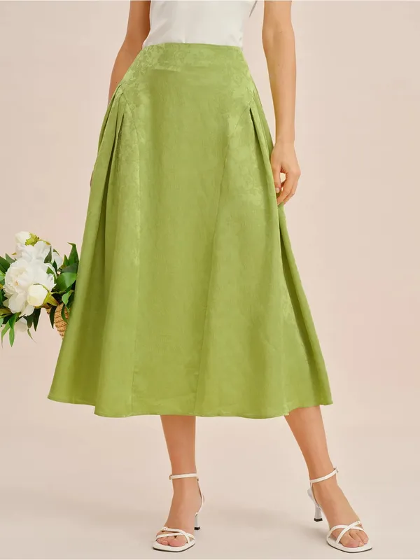 Rihoas Green Jacquard Ruched Satin Midi Skirt - Image 5