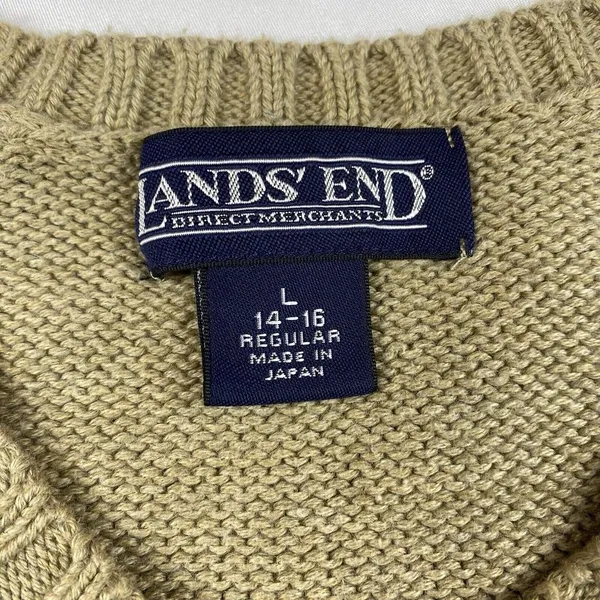 Lands' End V-Neck‎ Sweater Tan Size Large 14-16 Pullover Cotton Japan Classic - Image 3