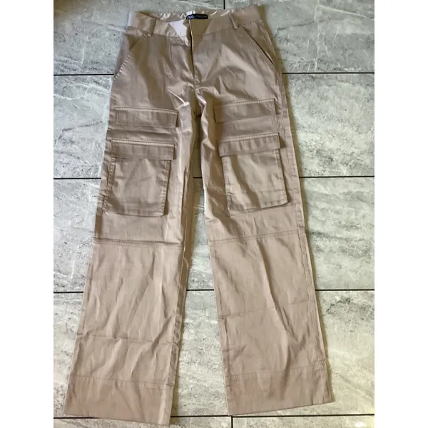 ZARA Wide Leg NWOT Cargo Pants Beige Satin Utility Pockets Women Size XS - Image 2