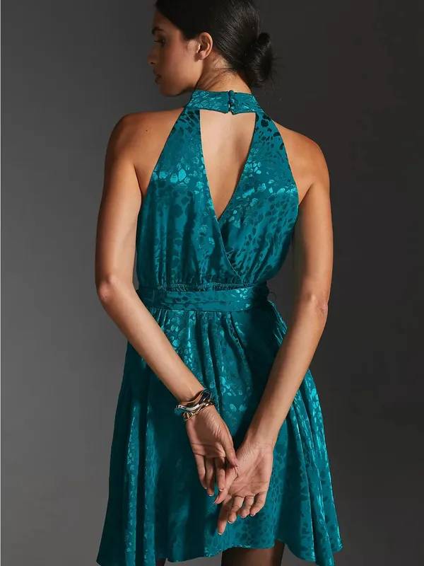 NWT Anthropologie Halter Neck Jacquard Mini Dress Teal Removable Belt Large - Image 9