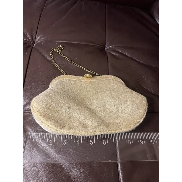 Gold Brocade Evening Bag Floral Frame Clutch Chain Handle Formal Purse VTG - Image 6