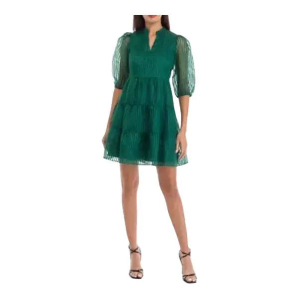 Crown & Ivy Tiered Mini Dress Womens Large‎ Green Striped Puff Sleeve Babydoll - Image 2