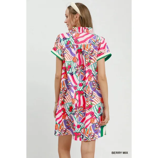 Umgee Tropical Print Collared Shift Dress - Berry Mix - Small - Image 3