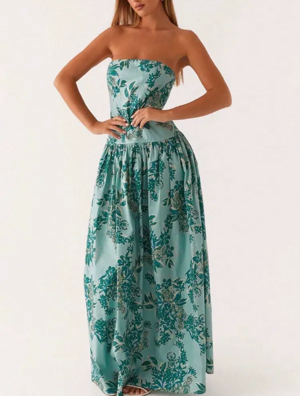 Floral Strapless Maxi Dress Green - Image 2