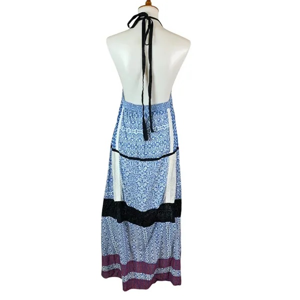 Khaadi Khaas Boho Halter Maxi‎ Dress Blue Patchwork 100% Cotton Small - Image 4