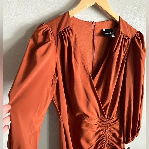 Rust Ruched Cocktail Midi Dress Puff Sleeve Wedding Guest Size 4 - Image 5
