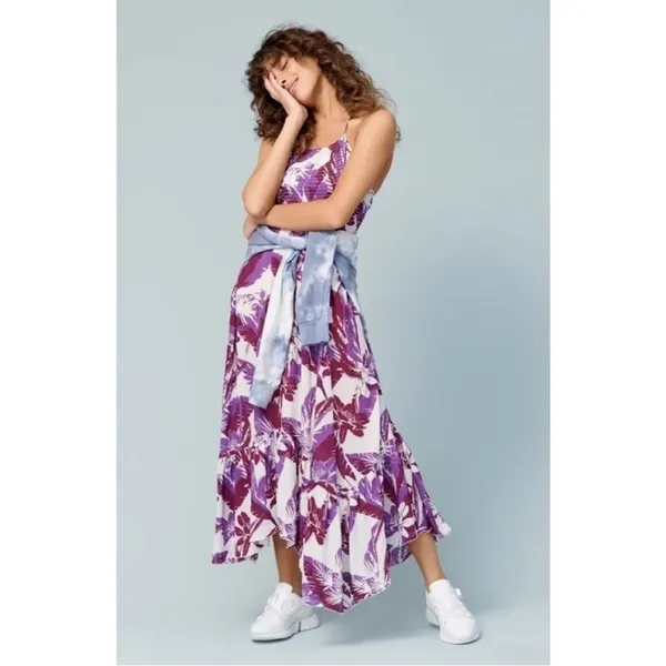 Free People Intimately Heat Wave Smocked floral Maxi Dress‎ purple ruffle sz M - Image 2