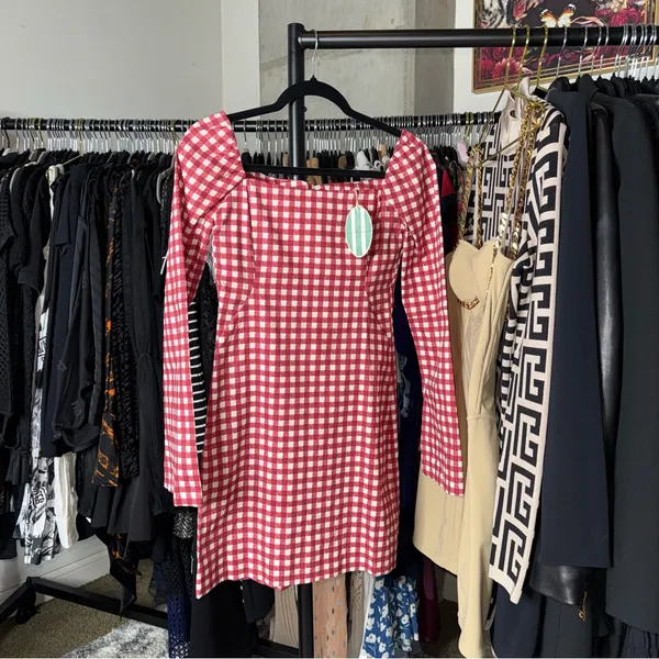 Le Club Social Wear Red Gingham Square Neck Mini Dress Womens XS New NWT - Image 2