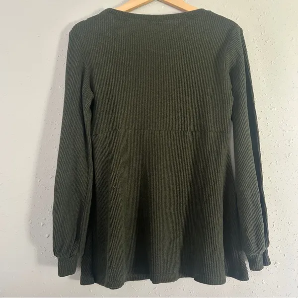 Olive Green Ribbed Knit Top Babydoll Blouse Maternity Casual Comfy Medium - Image 4