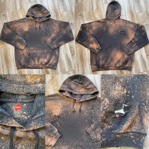 Distressed Stained Gray Destroyed long sleeve pullover Hoodie Size L - Image 4