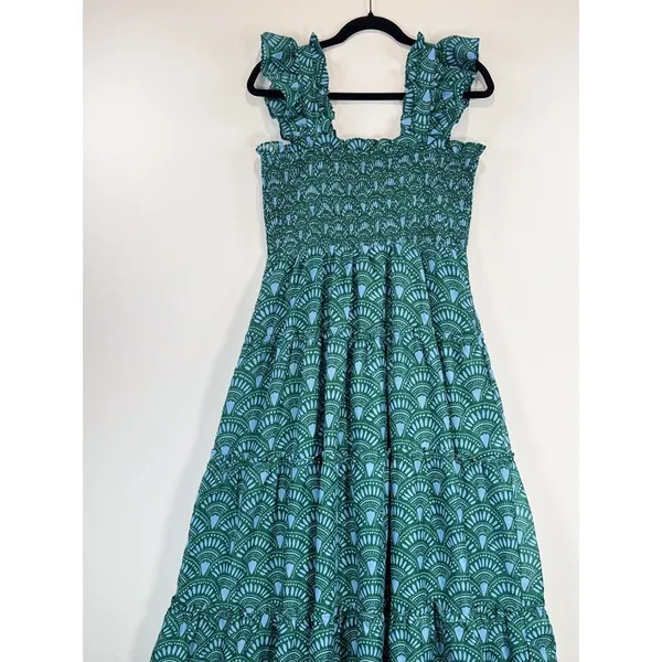 J Marie Midi Dress Green Floral Square Neck Ruffle Smocked Tiered A Line Medium - Image 7