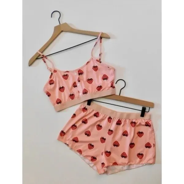 NEW!! STRAWBERRY Print Red Pink Cropped Loungewear Two Piece Set X-Large - Image 2