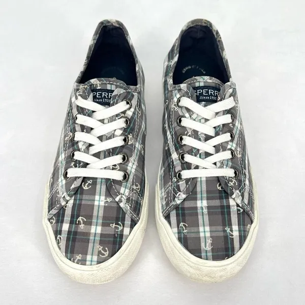 Sperry Pier View Anchor Plaid Gray Blue White Canvas Laced Slip On Sneakers 7.5 - Image 2