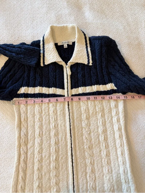 Madewell Cable Knit Zip Cardigan Sweater Collar Navy Medium - Image 7