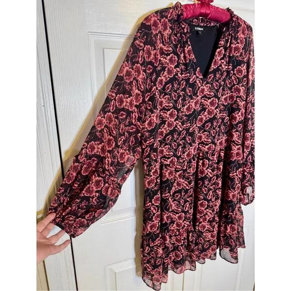 EXPRESS XL Black Mini Dress Black Rose Pink Floral Print Chiffon Flowy Flirty - Image 7