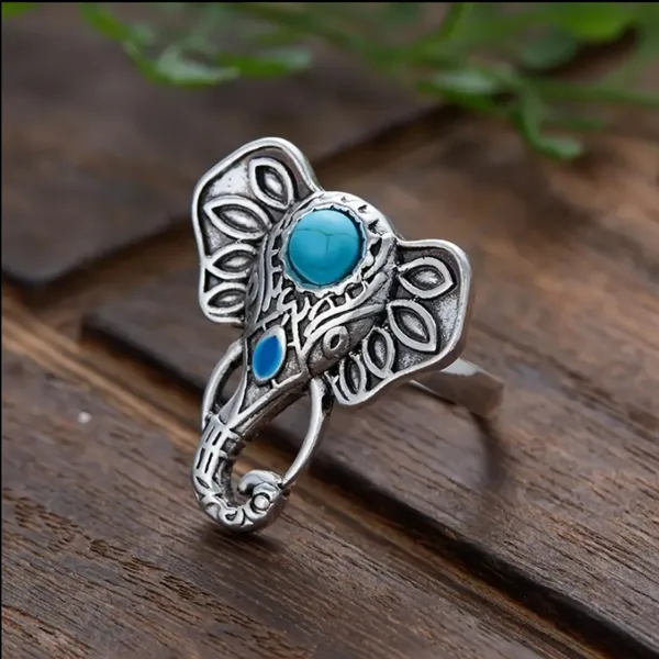 Bohemian Elephant Ring with Turquoise Accent Silver Plated‎ Adjustable Open Band - Image 3
