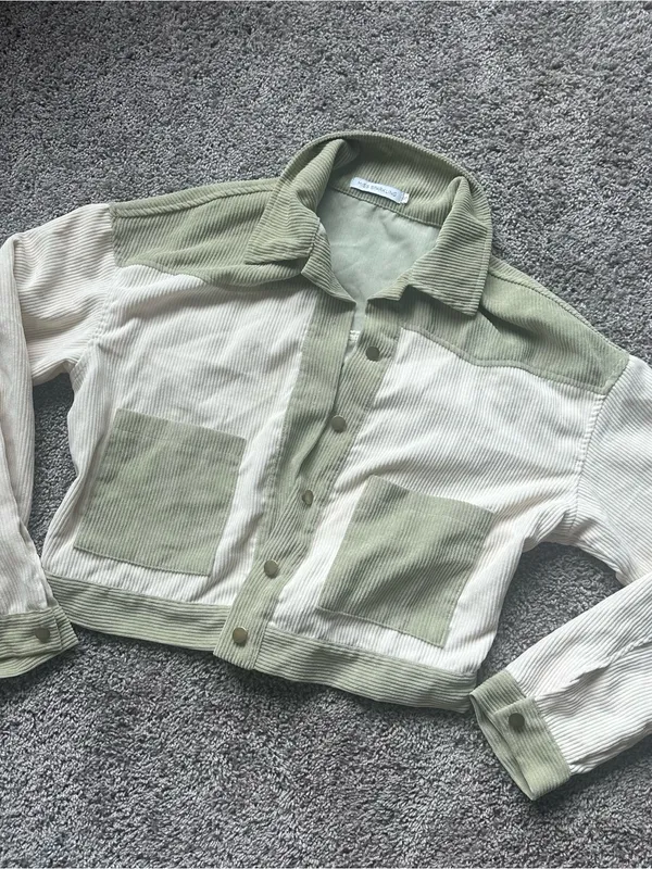 Cropped Two-Tone Sage & Cream Corduroy Shacket - Image 2
