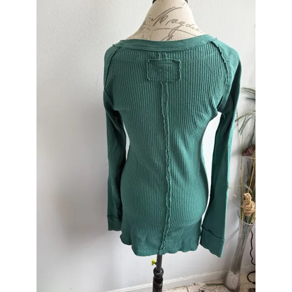 We The Free Free People Teal Green Waffle Knit Thermal Exposed‎ Seam Top Small - Image 2