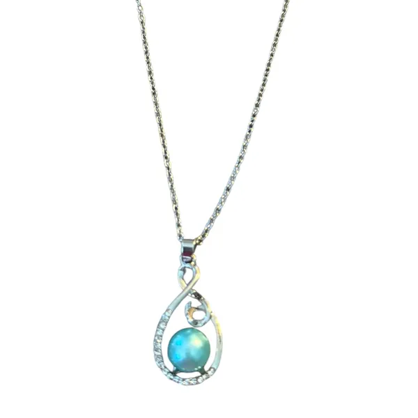 Blue Faux Tahitian Pearl Diamond Silver Necklace 20" - Image 5