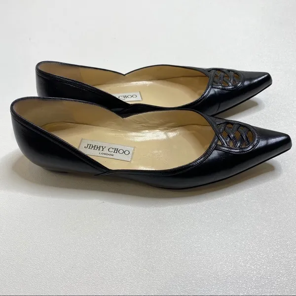 Jimmy Choo Black Leather Pointed Toe Lattice Cutout Flats Size 35 Made in Italy - Image 6