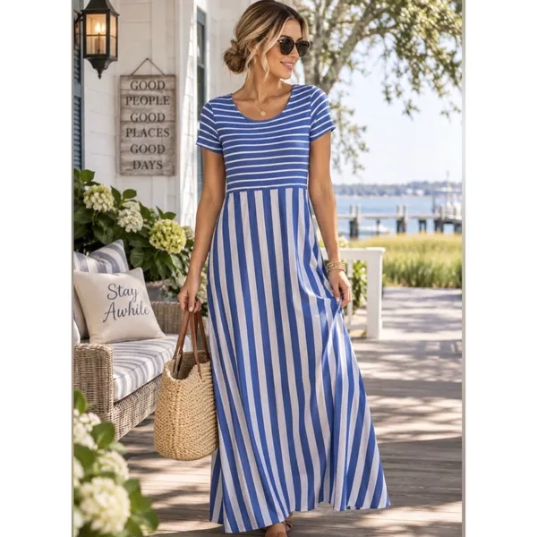 Matilda Jane Womens Blue White Mixed Stripe Short Sleeve Maxi Dress Size M NWT - Image 5