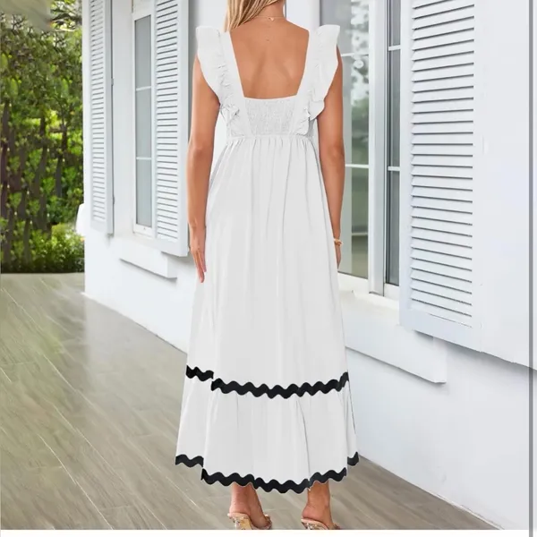 NEW White Flutter Sleeve Square Neck Rickrack Tiered Pockets Midi Lined Dress XL - Image 2