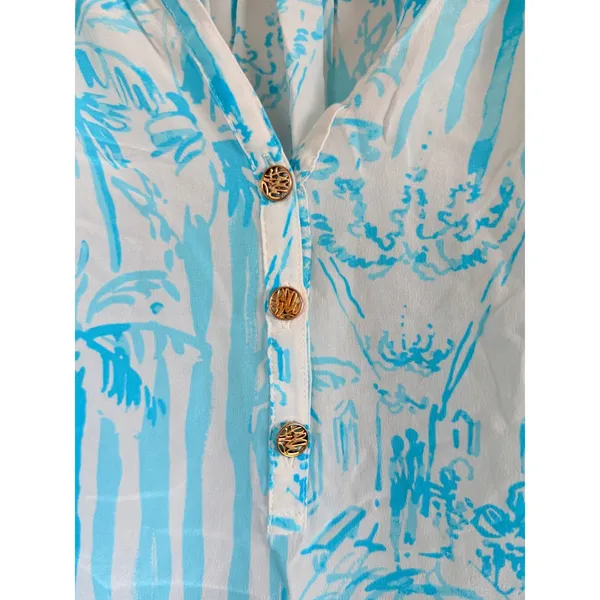 Lilly Pulitzer Top Blouse Blue White Print Sleeve Gold Button Detail Size XXS - Image 4