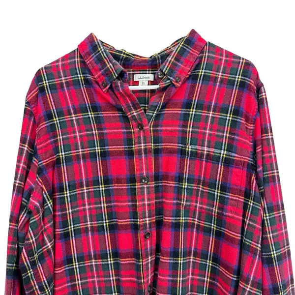 LL Bean Red Scotch Plaid Cotton Flannel Button Shirt Relaxed Fit Size XL - Image 4